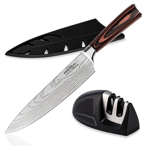Coltello da chef 8 pollici con affilatore stile damasco giapponese inox cucina professionale - Foto 1 di 10