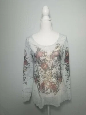 Camisa manga larga Rock & Republic Sheer Roses Wings, para mujer talla M malla gris. Foto 1 de 4