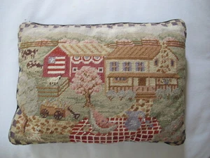 Needlepoint "Farm House Scene" Pillow with Insert. 12"x16".Velvet Zippered Back. - Picture 1 of 5