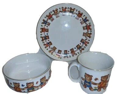 Juego de servir gres para niños pequeños 3 piezas nuevo en caja plato tazón taza osos de peluche regalo Foto 1 de 4