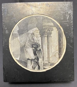 Antique Hand Engraved Wood Printing Block Robed Girl w Flowers l9th Cent FRENCH - Picture 1 of 24