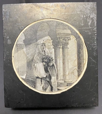 Antique Hand Engraved Wood Printing Block Robed Girl w Flowers l9th Cent FRENCH - Image 1 of 4