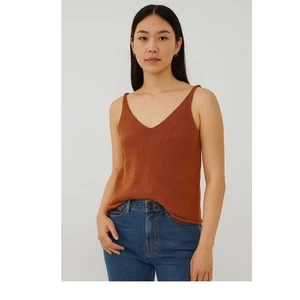Strick Tank Top H&M S ärmellos V-Ausschnitt rostbraun Resortwear Urlaub schick 90-33 - Bild 1 von 13