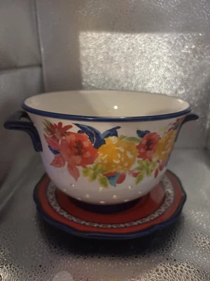Pioneer Woman Colander With Drip Plate Breezy Blossom Floral Stoneware blue red - Image 1 of 4