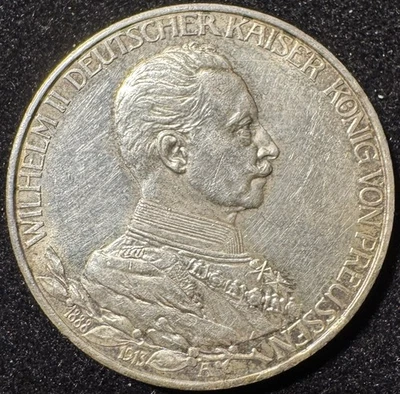 1913-A Alemania Prusia 3 marcos Kaiser Wilhelm II Foto 1 de 2