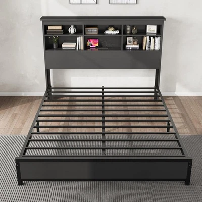 Queen Bed Frame w/ 2-Tier Bookcase Headboard, Platform Bed Under-Bed Storage - Image 1 of 4