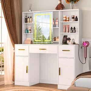Vanity Desk with Sliding Mirror and LED Lights, 7 Open Storage Space, 3 Drawe... - Picture 1 of 9