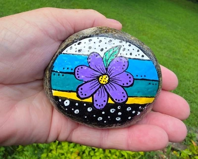 Hand Painted Kindness original Rock  flowers paper weight Painting Art Gift    - Image 1 of 3