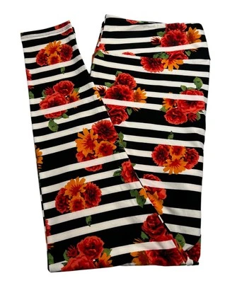 LuLaRoe Leggings TC2 Tall Curvy 2 FLORAL STRIPE Colorful Daisy Mum Comfy Stretch - Image 1 of 4