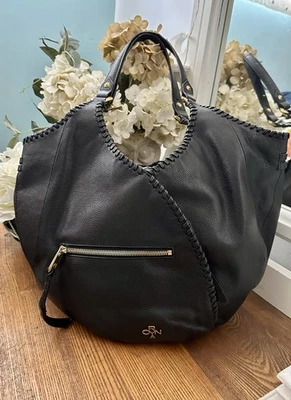 Oryany Black Pebbled Leather Hobo Shoulder Bag Purse Stitching Edges $318 - Image 1 of 4
