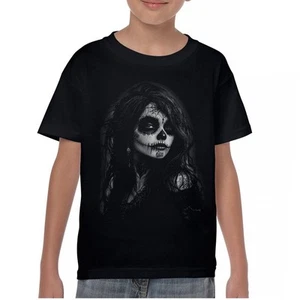 Web Sugar Skull Youth T-shirt Monochrome Gothic Beauty Dia de Los Muertos Kids - Picture 1 of 50