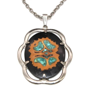 Geschnitten Walnuss Holz Türkis Chip Inlay Anhänger 28" Kette Boho Hippie - Bild 1 von 11
