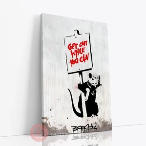 BANKSY GET OUT RAT GRAFFITI STREET WALL ART CANVAS PICTURE DEEP FRAMED PRINT - Picture 1 of 6