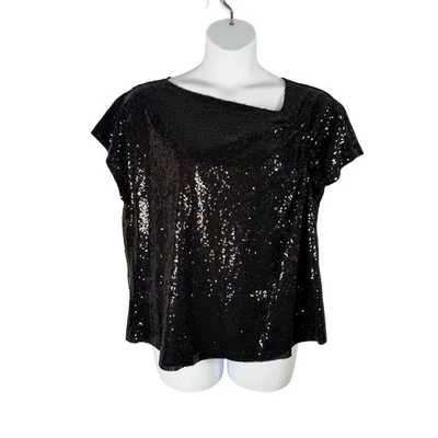 DG2 Diane Gilman Top 1X Black Sequin Cotton Modal Party Formal Asymmetric V-neck - Image 1 of 4