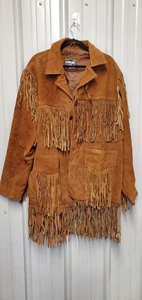 Genuine Leather Suede Jacket with Fringe Brown Button-Up Riding Coat - Picture 1 of 8