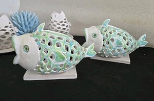 2 Lanterna Pesce Ceramica Media Tea Lights Luminary Portacandele Italia Renino - Foto 1 di 24