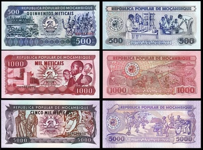 Mozambique 3 Pcs SET, 500 1000 5000 Meticais 1989, UNC, P-131 132 133 - Image 1 of 4