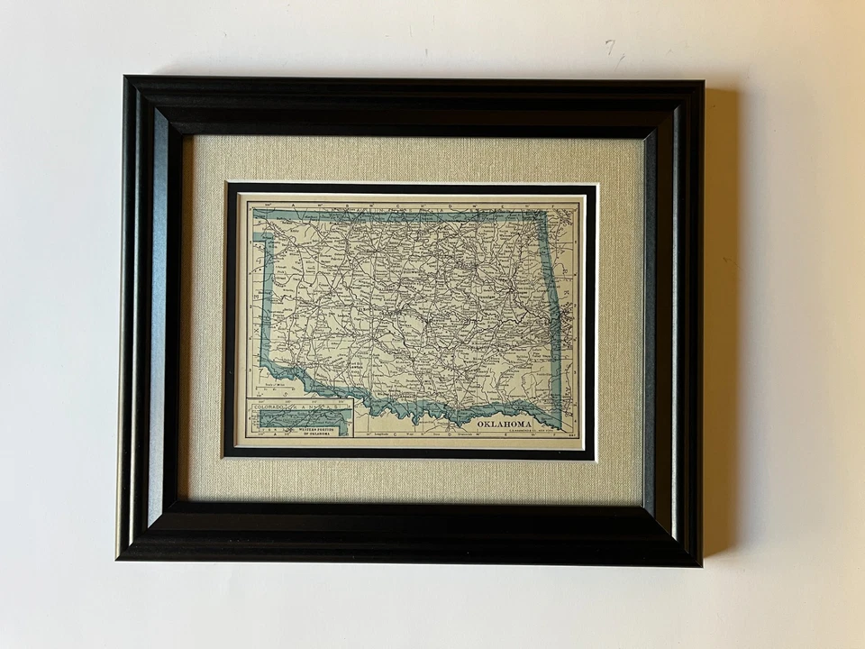 Mapa estatal "azul" de OKLAHOMA 1934 por C.S. Hammond, Alfombrilla Enmarcada/Doble VER DESCRIPCIÓN Foto 1 de 3