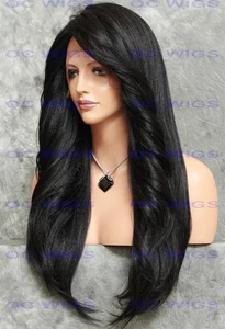 Lange geschichtete gerade Hitze OK Lace Front/Top Echthaar Mischung Perücke Off Black EVEE - Bild 1 von 6