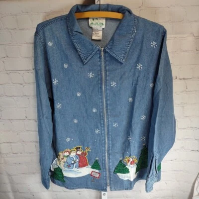 Quacker Factory Winter Snowman Scene Denim Shirt Jacket w/ Zipper Pull Sz Medium - Image 1 of 4