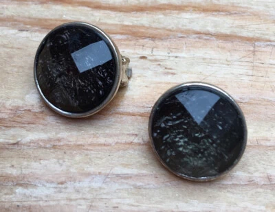 Chunky Dark Quartz Effect Earrings/Grey Glass Look/Faceted/Clip On/Silver Tone - Image 1 of 4