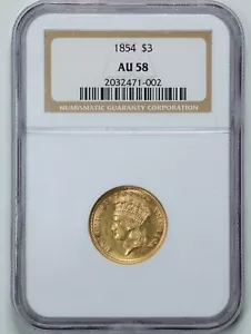 1854 G$3 Indian Princess Head Three Dollar Gold Piece AU58 NGC 2032471-002 - Picture 1 of 4