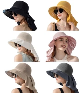 Sun Hat for Women UV Sun Protection Wide Brim Summer Beach Cap with Neck Flap - Picture 1 of 18