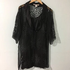 Monoreno Kimono Blazer Long Blouse Sheer Applique Black Elegant Dressy Sz Medium - Picture 1 of 6