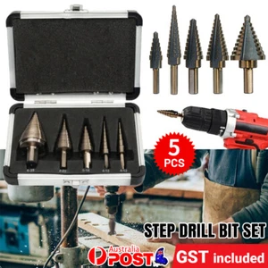 5PCS HSS Step Steel Cone Drill Hole Cutter Titanium Bits Set Kit + Aluminum Case - Picture 1 of 24