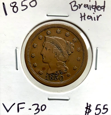 Centavo grande cabello trenzado 1850 1C en estado bastante bueno+ muy fino+ Foto 1 de 3