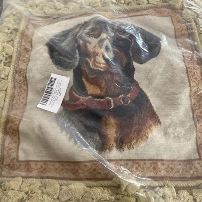 Vintage Dashund  Dog Needlepoint Pillow Cover Tassels New Wool  French Country - Image 1 of 4