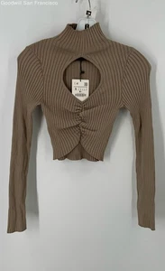NWT Zara Taupe Long Sleeve High Neck Ribbed Knit Cropped Womens Blouse Top Small - Picture 1 of 5