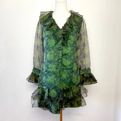 复古 60 年代 70 年代透明雪纺荷叶边花卉绿色 Cottagecore 童话垃圾裙 — 第 1/4 张图片