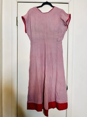 VTG 1940s Linen Rayon Blockprint Cottagecore Metal Zipper Pink Day Dress M/L - Image 1 of 4