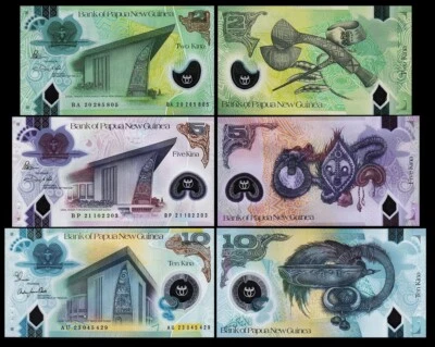 Papua New Guinea 3 Pcs UNC Polymer Set, 2 5 10 Kina 2020 2021 2023, P-50 51 52 - Image 1 of 4