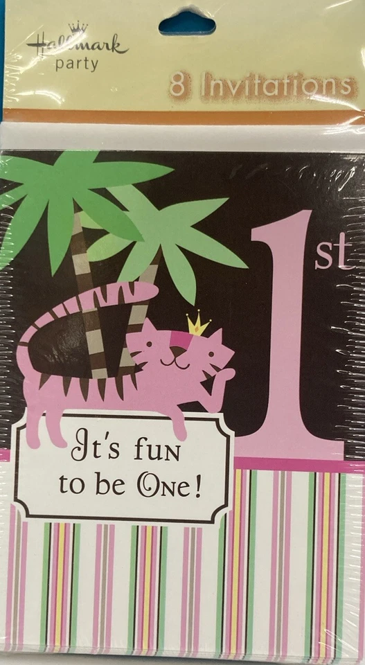 Queen of the Jungle Pink Brown Polka Dots Stripes First Birthd Party Invitations - Image 1 of 1