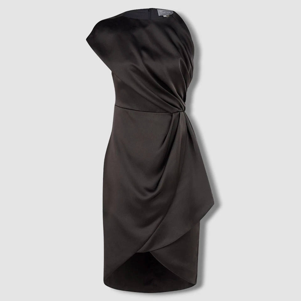 Theia Womens Black Makena Draped Faux Wrap Satin Cocktail Dress Size 0