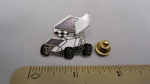 Vintage White Sprint Racing Winged Race Car Checkered Flag Hat Lapel Pin - Picture 1 of 4