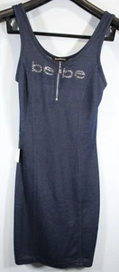 WOMEN'S BEBE SWAROVSKI CRYSTAL RHINESTONE LOGO BLUE 1/2 ZIP DENIM MINI DRESS XS - Picture 1 of 6