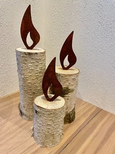 Holzkerze mit Rostflamme, 3er Set Birkenholz, Flamme rost, Edelrost, Geschenk - Bild 1 von 4