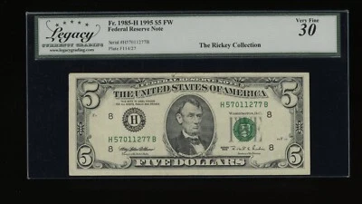 DBR 1995 $5 FRN St. Louis Fr. 1985-H Legacy 30 Serial H57011277B - Image 1 of 2