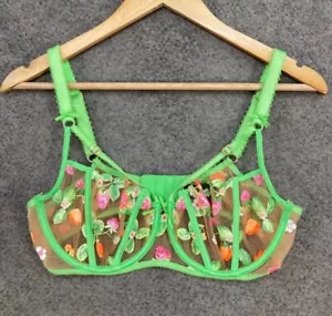 Honey Birdette Womens Bra Size 16D Green Lace Sheer Lingerie - Picture 1 of 7