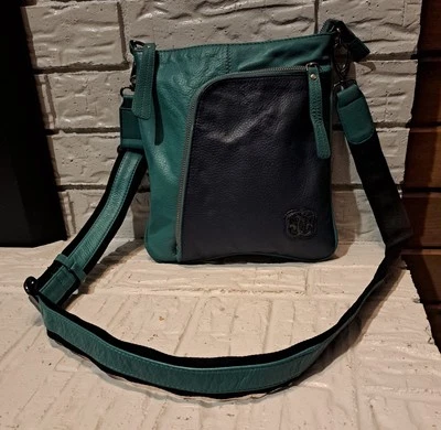 Sharif Crossbody Purse Color-block Design W/ Teal & Navy Leather 1970's  - Image 1 of 4