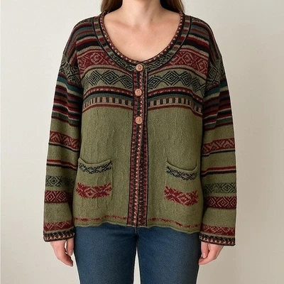 IVKO Cárdigan de Lana Suéter Verde Multicolor Tejido Botón Frontal Talla M Algodón Boho Foto 1 de 4
