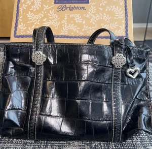 Brighton Cuero Y Metal Imitación Cocodrilo Negro Bolso de Hombro Cartera Polvo Bolsa Caja - Imagen 1 de 10