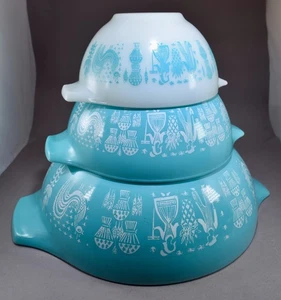 VINTAGE LOT 3 PYREX CINDERELLA AMISH BUTTERPRINT MIXING BOWLS #441 442 & 444 BLU - Picture 1 of 12