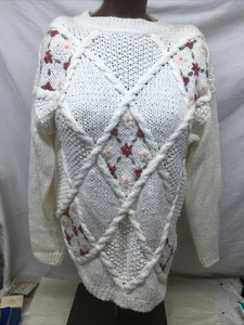 VINTAGE Needles & Yarn Knit Grandma Pullover Sweater Women’s Large White Floral - Picture 1 of 6