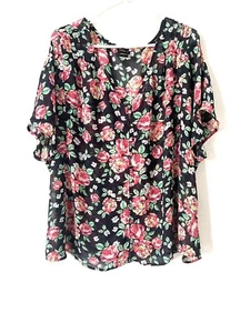 TORRID Womens 2 2X Black Red Pink Rose Floral Print Blouse Floaty Sheer EUC d - Picture 1 of 8