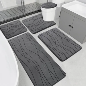 Memory Foam Grey Bathroom Rug Sets 5 Piece, Ultra Absorbent Bath Mat for Bathroo - Picture 1 of 7