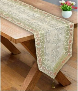 Indian Hand Embroidered Silk Dining Table Runner Birthday Decor 14x80 Inch - Picture 1 of 6